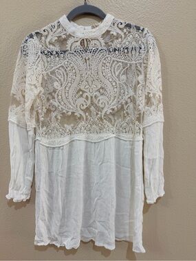 Altar'd State Ivory  Lace Long Sleeve Sequin Mini Dress Tunic Boho Medium NWOT